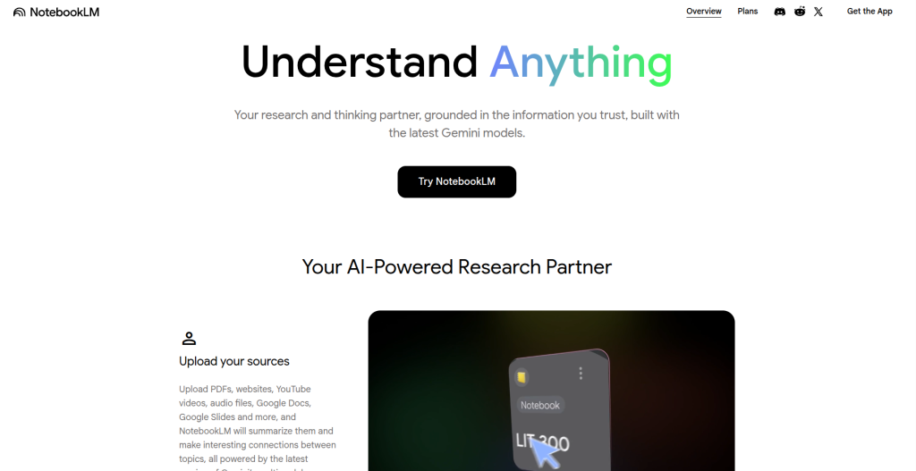 Google NotebookLM – Best for Converting Notes into Study Materials