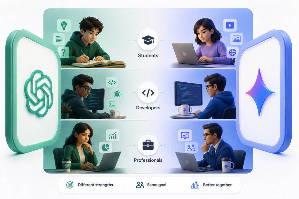 ChatGPT vs Gemini for Students, Developers, and Professionals